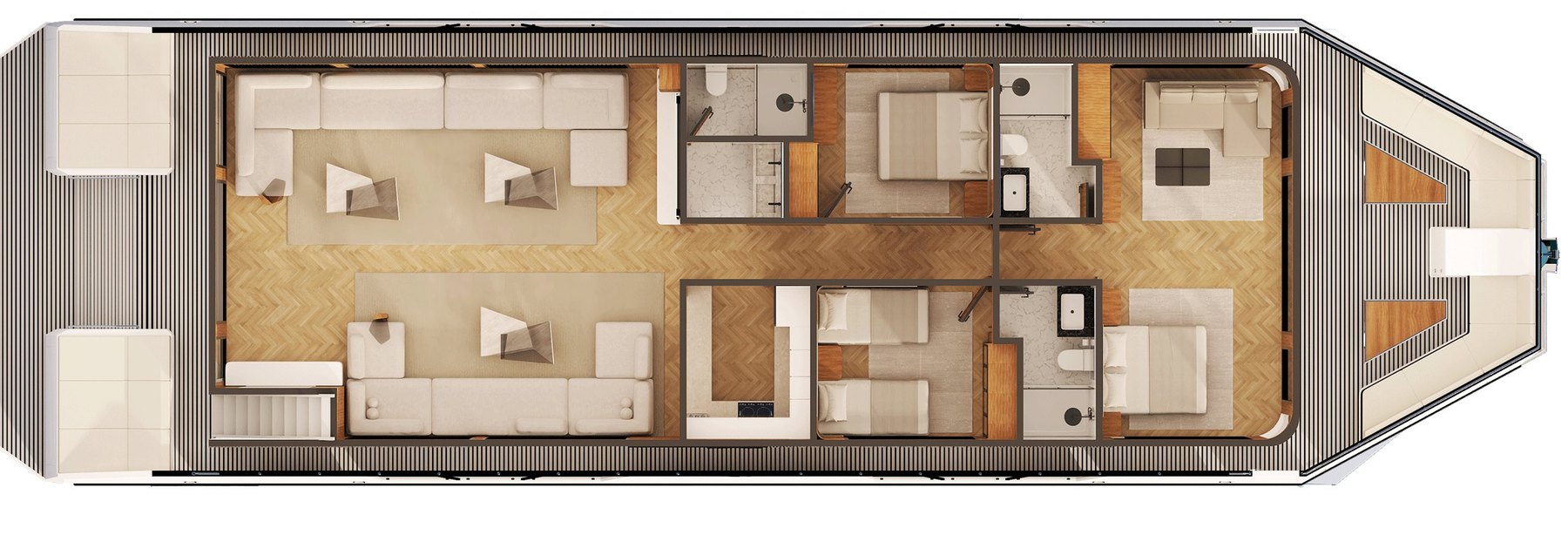RISE 80 main deck layout plan showing saloon, galley and cabins