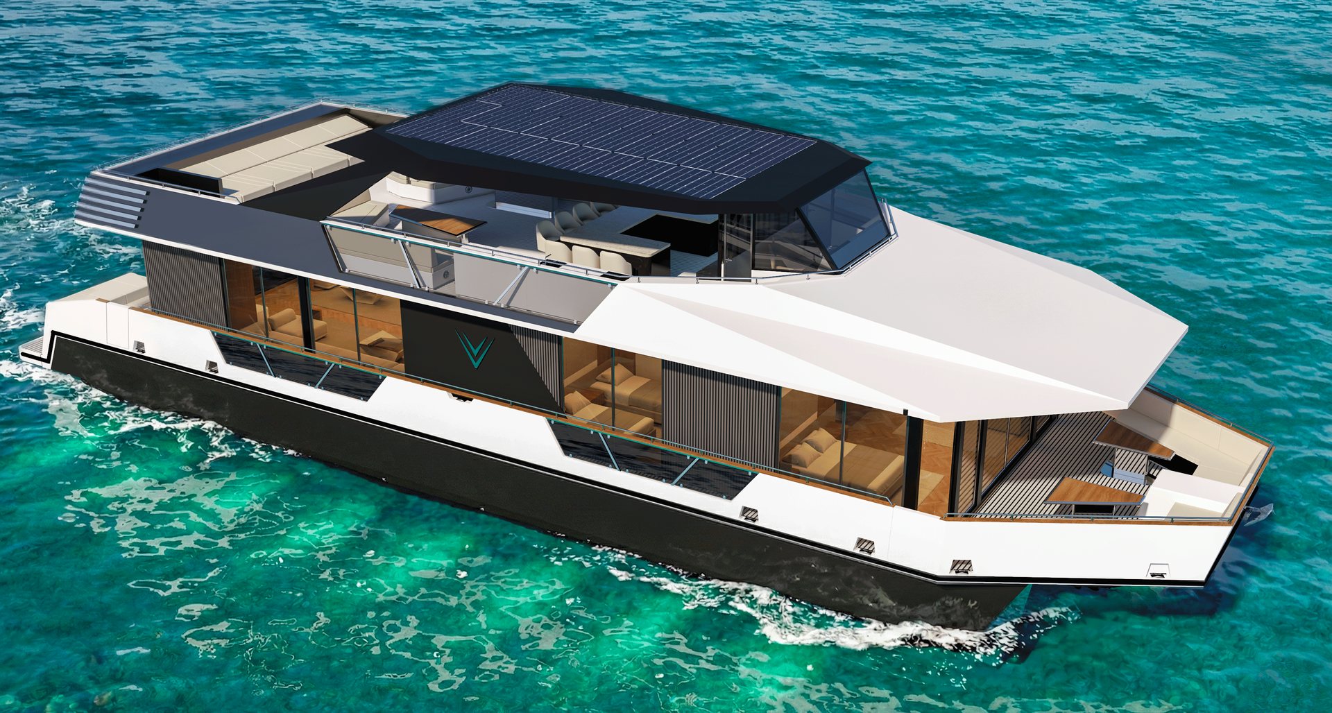 RISE 80 GRP trimaran under way, seen from above the starboard quarter