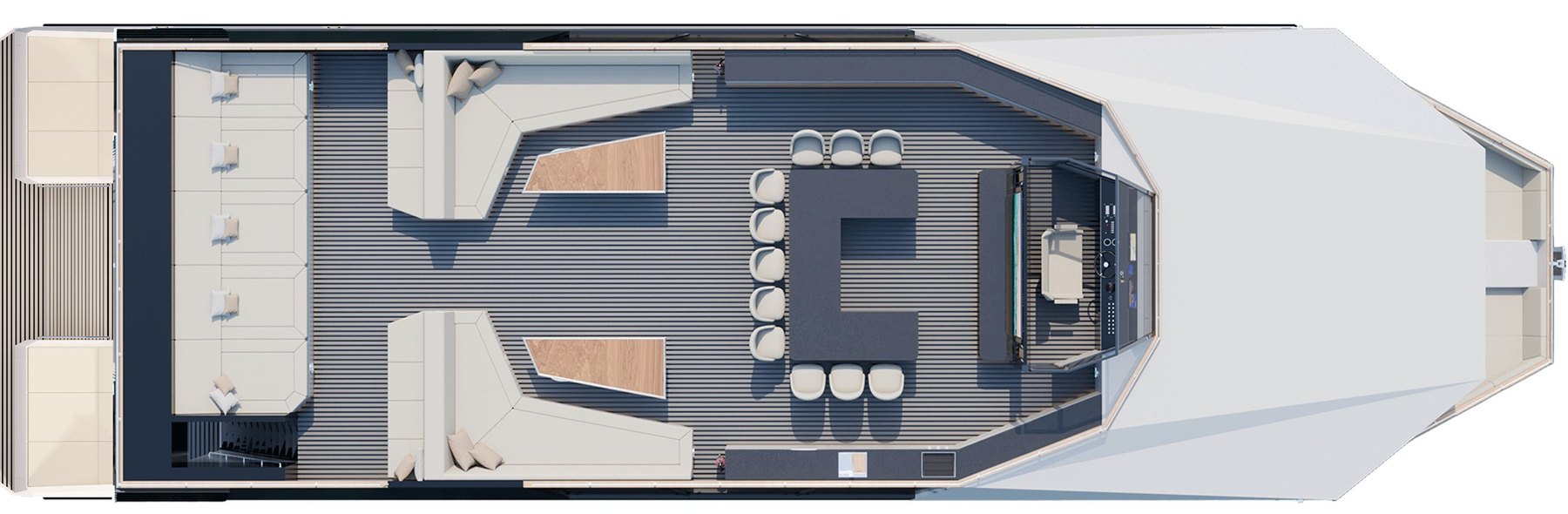 RISE 80 top deck layout plan showing flybridge lounge, dining, bar and helm