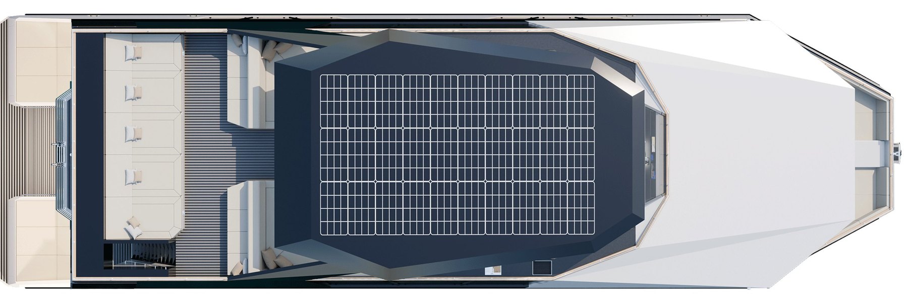 RISE 80 top roof plan showing the solar array above the flybridge hardtop